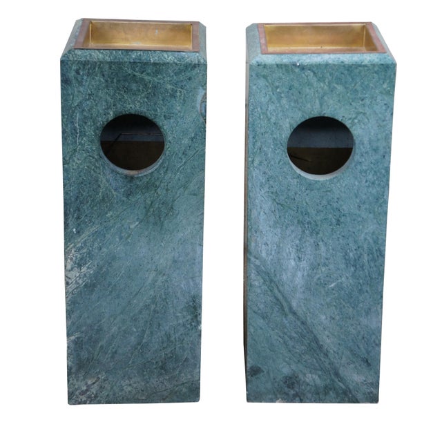 Pair of two rare vintage public commercial hotel / business / lobby trash can stands / bins / receptacles. Made of green...