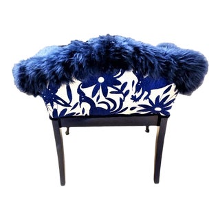 Early 20th Century Vanity Bench With Cobalt Sheepskin, Otomi Embroidery and Leather For Sale