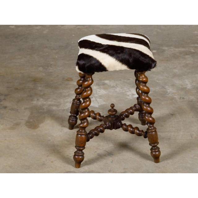 English Turn of the Century Barley Twist English Stool with Zebra Hide Upholstery For Sale - Image 3 of 12