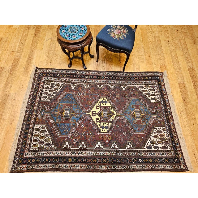 Textile Vintage Persian Qashqai Tribal Area Rug, Hand-Knotted Wool, Geometric Medallions, 4x6, Rust & Navy For Sale - Image 7 of 16