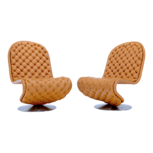 Pair of Mid 20th Century Documented Verner Panton Tan Tufted Leather 123 Lounge Chairs