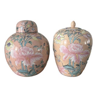 1980s Palm Beach Chic Pair of Floral Ginger Jars For Sale