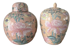 1980s Palm Beach Peach Pair of Floral Ginger Jars