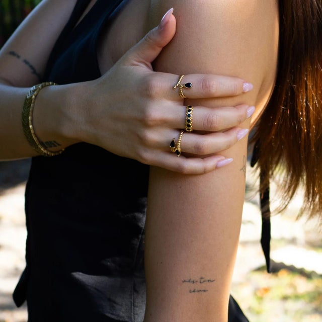 Metal Midnight Teardrop Black Onyx Gold Adjustable Ring For Sale - Image 7 of 11