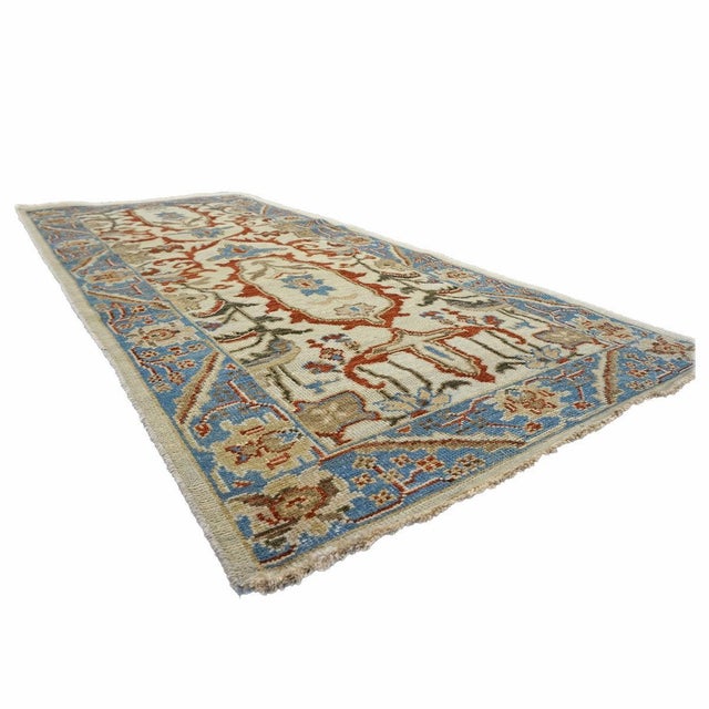 Early 21st Century Afghan Sultanabad Master Wool 3x6 Ivory, Blue, & Red Handmade Runner Rug #1143761 For Sale - Image 5 of 7