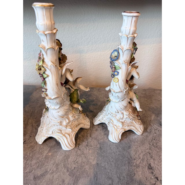 Dresden Porcelain Von Schierholz Handmalerei Dresden Cherub Putti Flower Candle Holders-Pair For Sale - Image 4 of 12