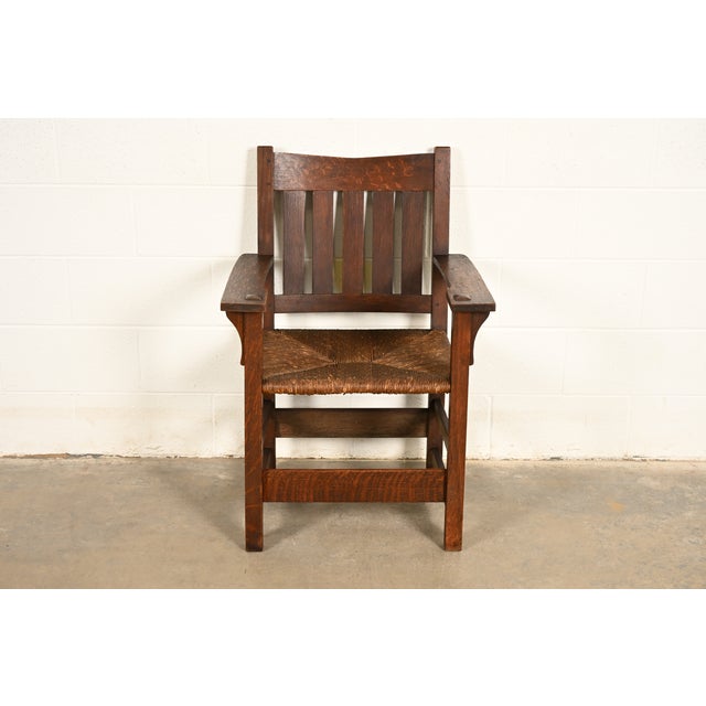 Stickley Gustav Stickley Antique Mission Oak Arts & Crafts Armchair With Rush Seat, Circa 1910 For Sale - Image 4 of 14