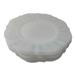 Vintage 1930s Macbeth-Evans American Sweetheart Monax White Opalescent Glass Floral Embossed Dessert Plates, Set of 7