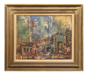 1950s "Slaughter House" Abstract Cityscape Painting by Billye Slayton, Framed