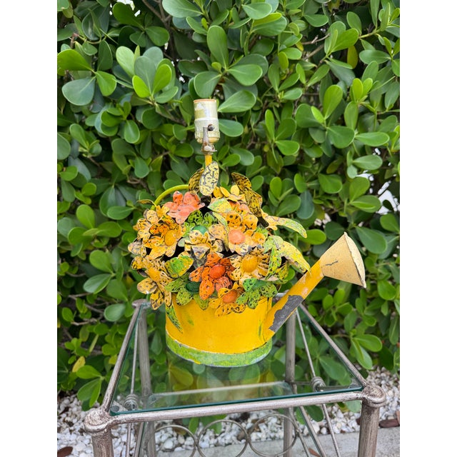 Yellow Vintage Folk Art Watering Can Table Lamp For Sale - Image 8 of 11
