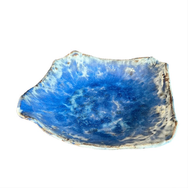 Vintage Studio Pottery Square Blue Glazed Shallow Bowl For Sale