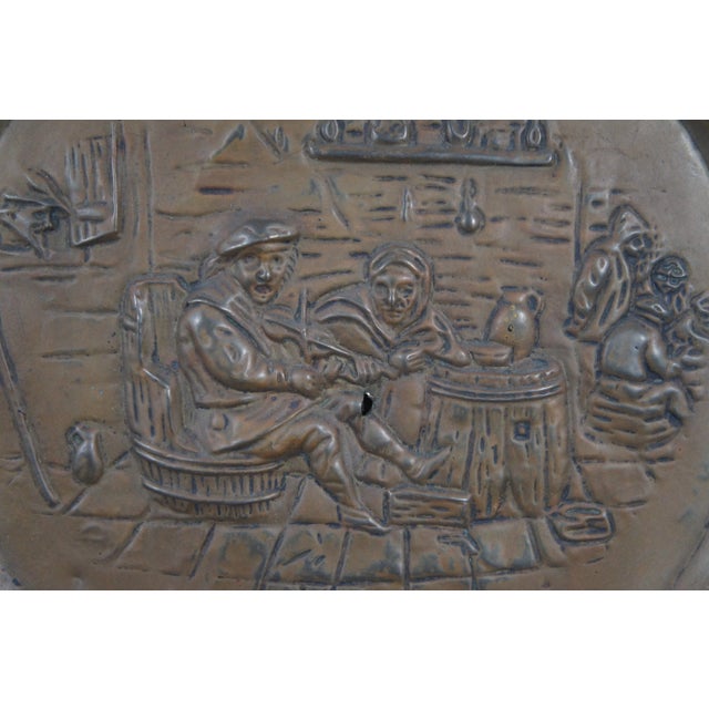 Antique Copper Embossed Tavern Scene Repousse Wall Plaque Charger Platter For Sale - Image 6 of 10