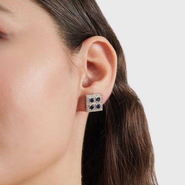 Art Deco Blue Sapphire & Diamond Square Halo Wedding Stud Earrings - 2 Pieces For Sale - Image 6 of 13