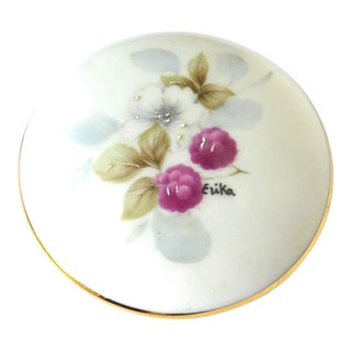 Limoges France Vintage Berry Floral Covered Round Porcelain Box, Signed Erika, Jewelry, Earring, Trinket, Ring Box For Sale