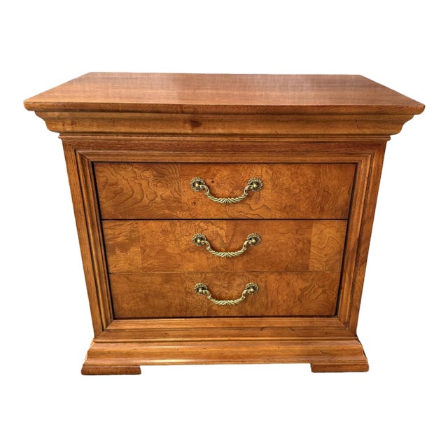 Late 20th Century Thomasville Burled Walnut Two Drawer Nightstand For Sale
