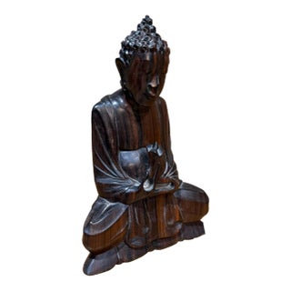 Hand-Carved Wooden Buddha Meditation Statue Folk Art For Sale