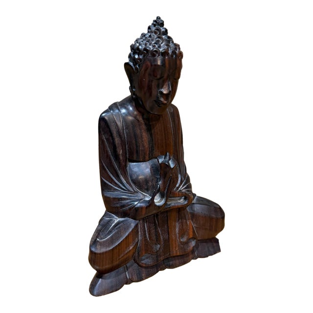Hand-Carved Wooden Buddha Meditation Statue Folk Art For Sale
