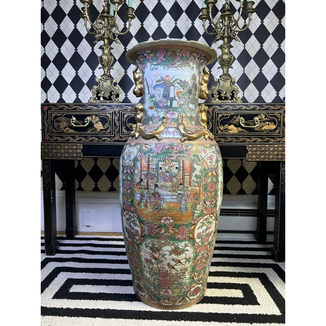 Chinese Famille Rose Floor Vases With Figural Panels and Gilt Dragon Handles, 38" For Sale - Image 4 of 18
