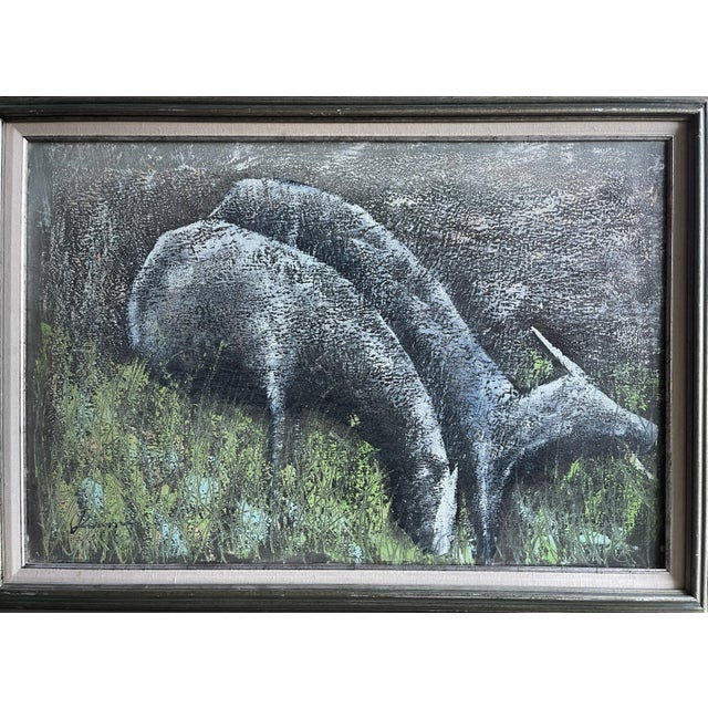Mid-Century Modern Vintage Signed Roane Sgraffito Original Biomorphic Grazing Deer Painting Framed Canvas Abstract Expressionism For Sale - Image 3 of 10
