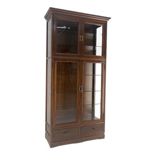 4 Doors Carved Teak 5 Shelves 2 Bottom Drawers 72" Tall Curio Cabinet Showcase For Sale