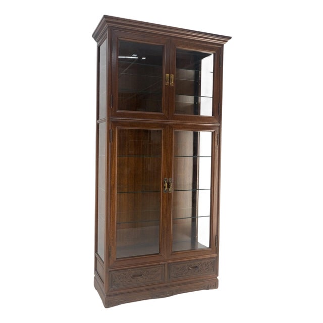 4 Doors Carved Teak 5 Shelves 2 Bottom Drawers 72" Tall Curio Cabinet Showcase For Sale