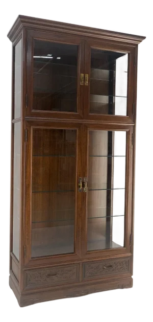 4 Doors Carved Teak 5 Shelves 2 Bottom Drawers 72" Tall Curio Cabinet Showcase