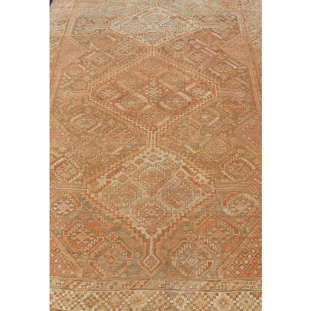Tribal Antique Distressed Persian Shiraz Rug in Shades of Soft Orange, Lt. Brown, Gray 5'6 X 8'6 For Sale - Image 3 of 13