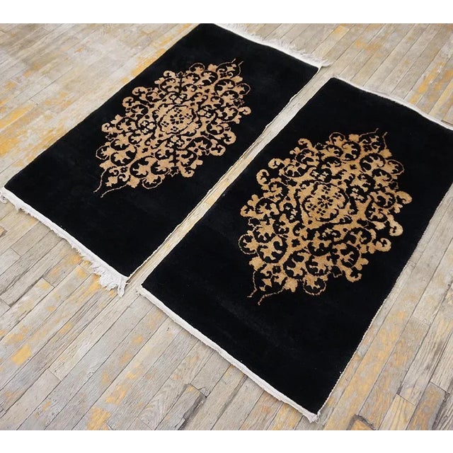 1920s 1920s Black Medallion Foliate Antique Pair of Chinese Art Deco Carpet 2' X 4' Knotted Wool Rugs For Sale - Image 5 of 10