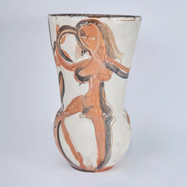 Hand painted, etched and glazed, polychrome pottery vase in 3 mineral colors. Signed Lorenzo Sabatelli with foundry stamp....