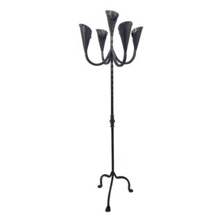 Hand Forged Iron Floor Candelabra 49″ (124cm) Antique Copper Patina 5-Arm Lily Cup Candle Holder Rustic Church Decor For Sale