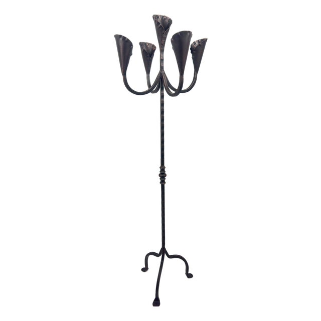 Hand Forged Iron Floor Candelabra 49″ (124cm) Antique Copper Patina 5-Arm Lily Cup Candle Holder Rustic Church Decor For Sale
