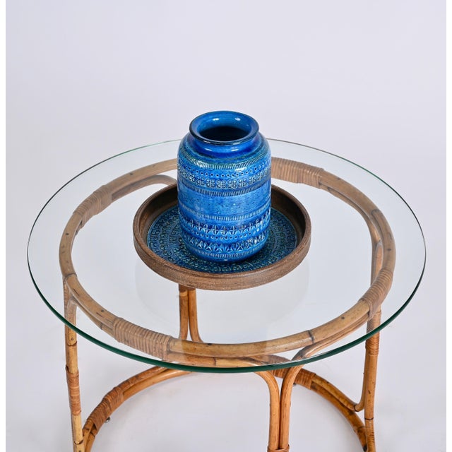 Mid-Century Italian Round Rattan & Bamboo Coffee Table with Glass Shelf, 1960s For Sale - Image 11 of 18