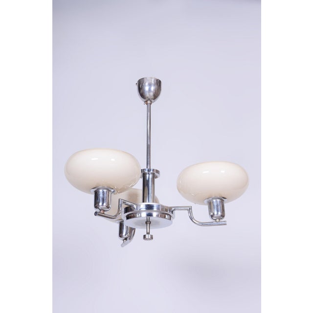 Bauhaus Chandelier in Chrome-Plated Steel and Opaline Glass, Czech, 1930s For Sale - Image 4 of 10