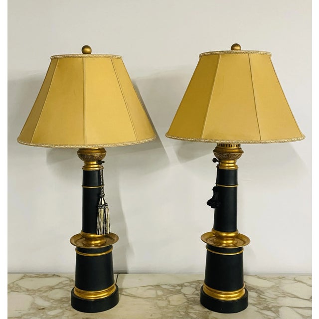 Pair of Hollywood Regency Style Table Lamps With Custom Shades, Ebony and Gilt For Sale - Image 4 of 11