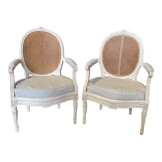 Louis XVI Painted & Caned Armchairs With New Upholstery -A Pair For Sale