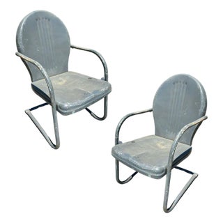 Mid-Century Steel Round Streamline Springer Patio Outdoor Lounge Chair, Pair For Sale