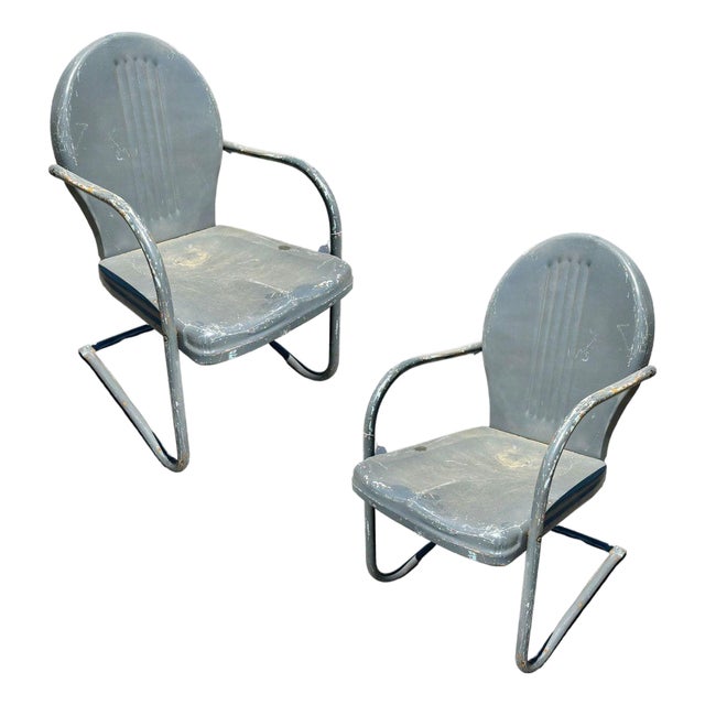 Mid-Century Steel Round Streamline Springer Patio Outdoor Lounge Chair, Pair For Sale