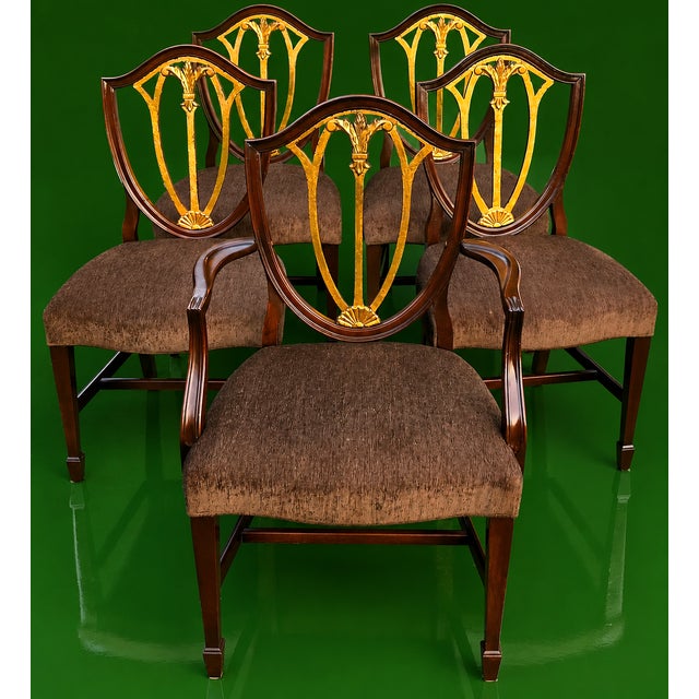 Early 20th Century English Regency Revival Mahogany and Gilt Shield-Back Dining Chairs, Set of Five, Circa 1930 For Sale - Image 5 of 18