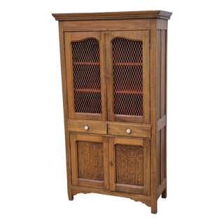 19th Century Antique Primitive Tall Screened Door Oak Pie Safe Jelly Cupboard Storage Cabinet For Sale