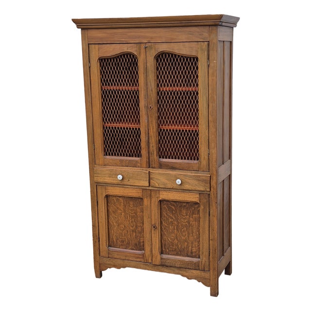 19th Century Antique Primitive Tall Screened Door Oak Pie Safe Jelly Cupboard Storage Cabinet For Sale