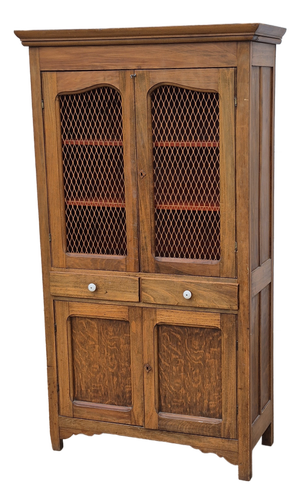 19th Century Antique Primitive Tall Screened Door Oak Pie Safe Jelly Cupboard Storage Cabinet
