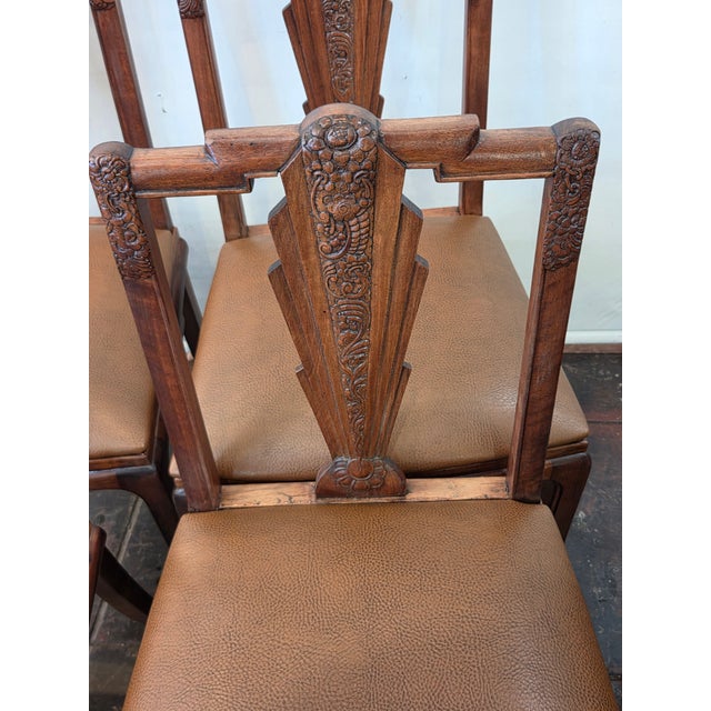 1930s French Art Deco Walnut Carved Asian Floral Motifs Set 4 Unusual For Sale - Image 10 of 11