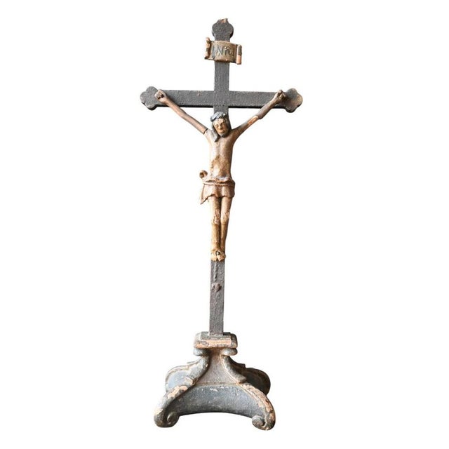 Antique Polychrome Wooden Crucifix Statue For Sale - Image 10 of 10