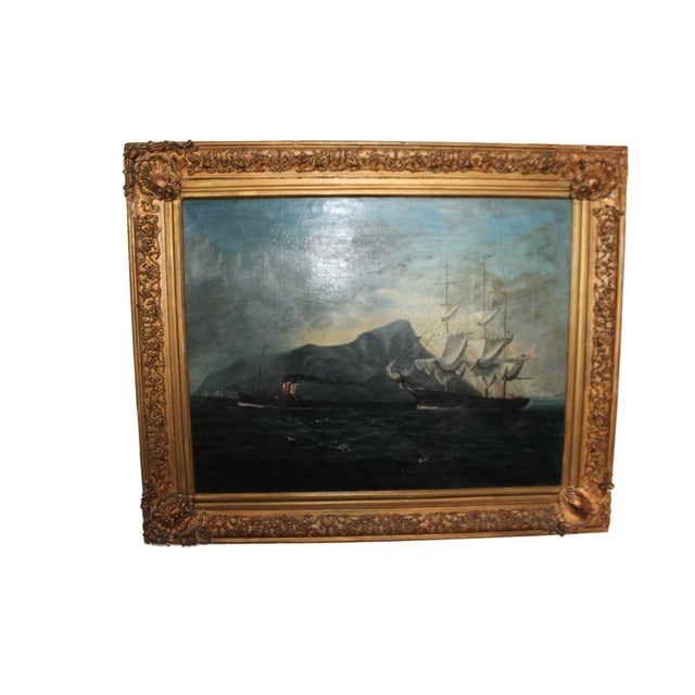 American Sailing Vessel Off Gibraltar, Early 20th Century, Oil Painting on Canvas, Framed For Sale - Image 6 of 11