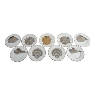 Vintage Fitz and Floyd Porcelain Gold and Silver Gilded Shell and Fish Desert or Appetizer Plates Set of 9 For Sale