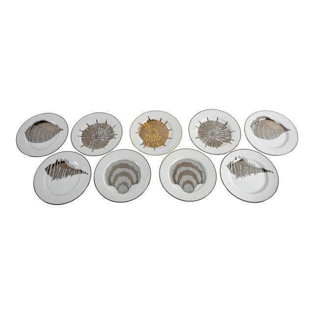 Vintage Fitz and Floyd Porcelain Gold and Silver Gilded Shell and Fish Desert or Appetizer Plates Set of 9 For Sale
