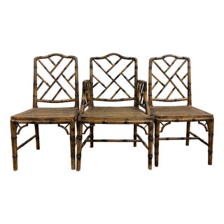 Vintage Chinese Chippendale Rattan Faux Bamboo Cane Seat Chairs For Sale