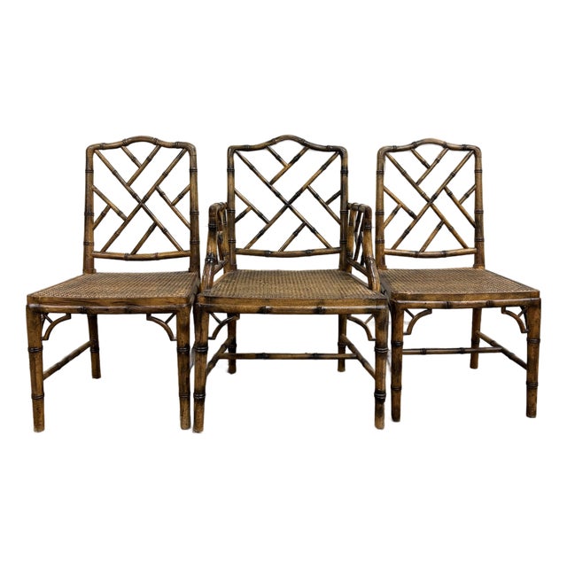 Vintage Chinese Chippendale Rattan Faux Bamboo Cane Seat Chairs For Sale