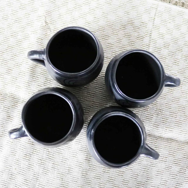 Vintage Black Clay Barro Negro Pottery Hot Chocolate Set Oaxaca Mexico 4 Mugs and Fish Tray - 6 pcs For Sale - Image 9 of 13