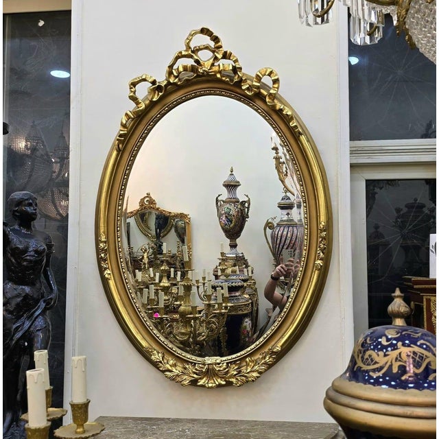 French Oval Wall Mirror – Hand Carved Gold Leaf Frame For Sale - Image 3 of 3